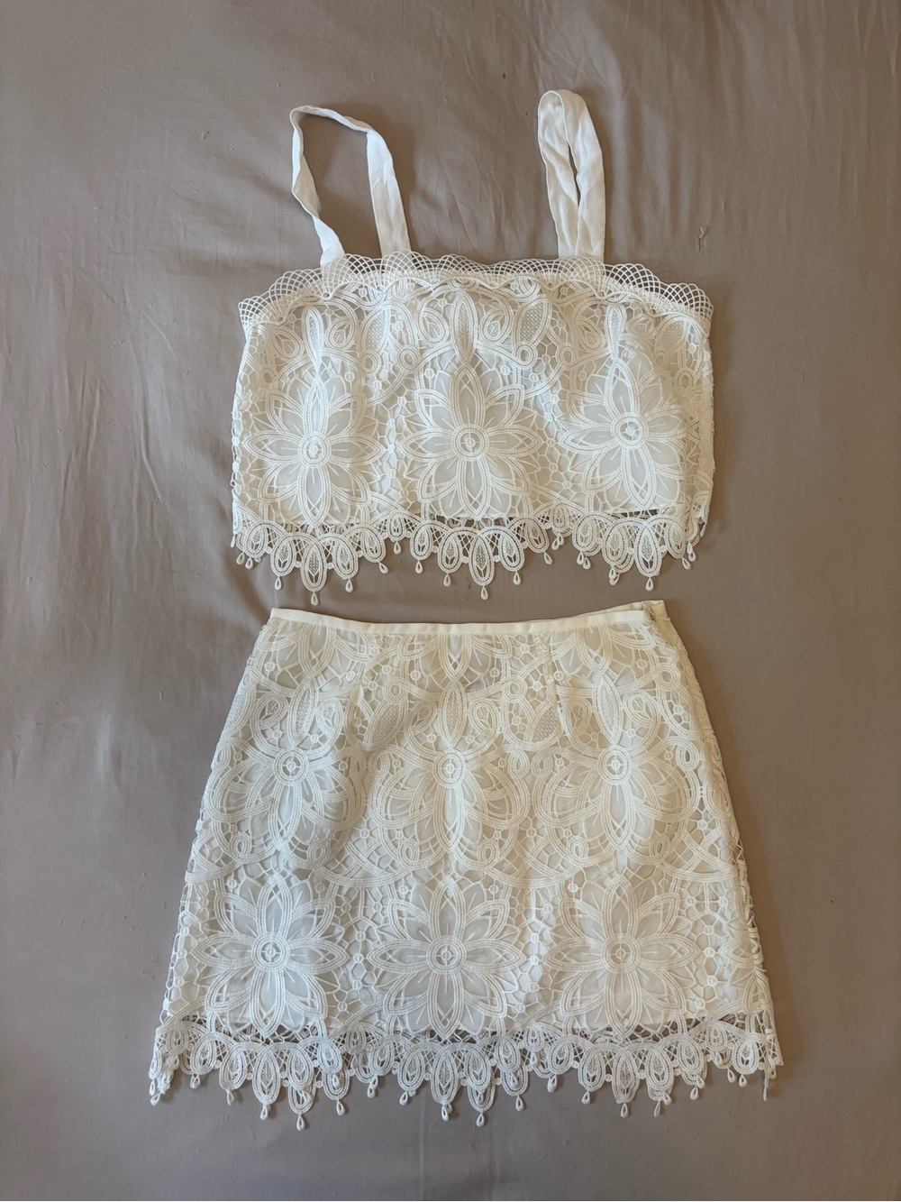 SAYLOR white lace skirt crop top set